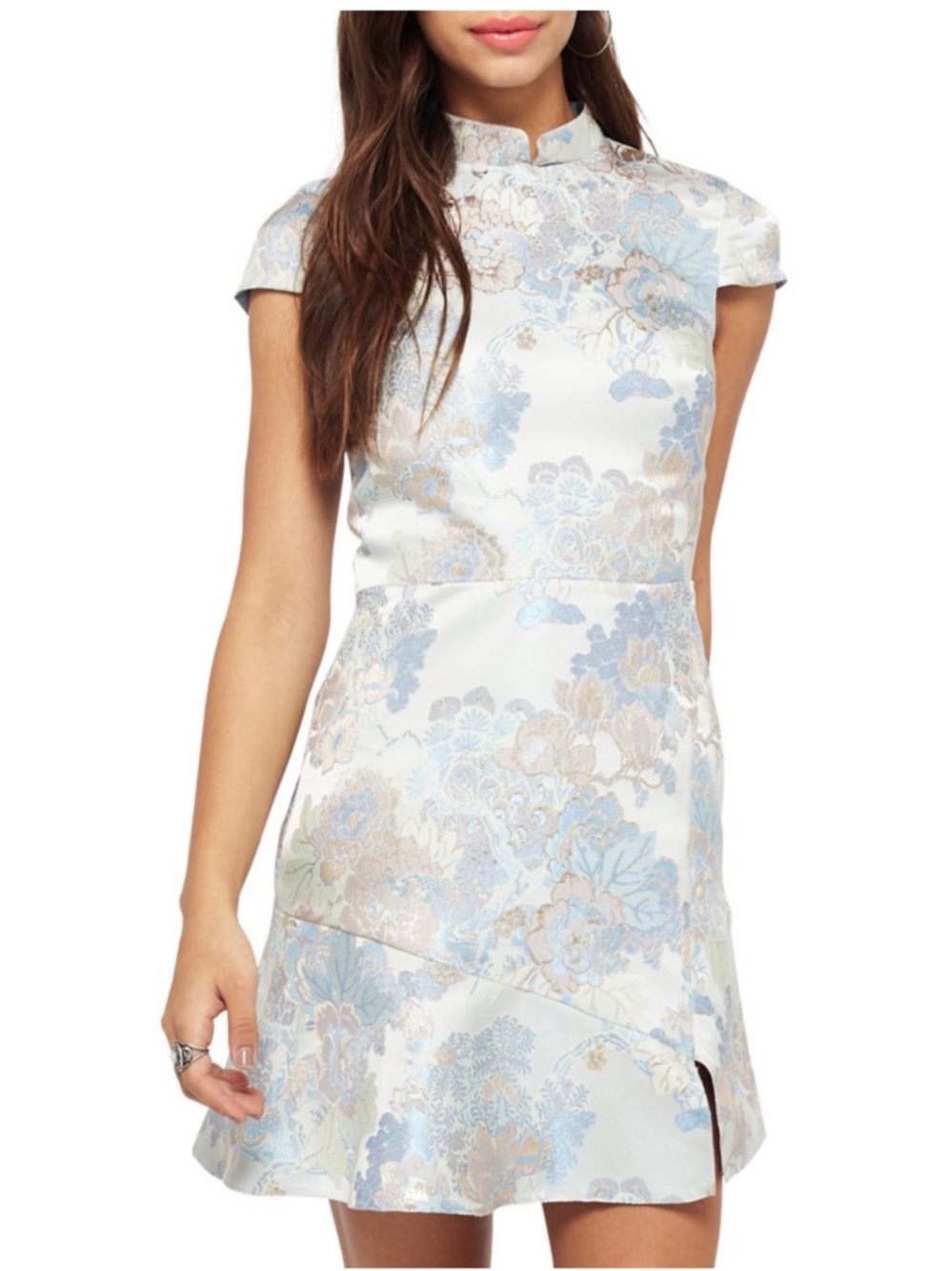 Miss Selfridge Chinoise Jacquard Light Blue Mandarin Collar Qipao Mini Dress